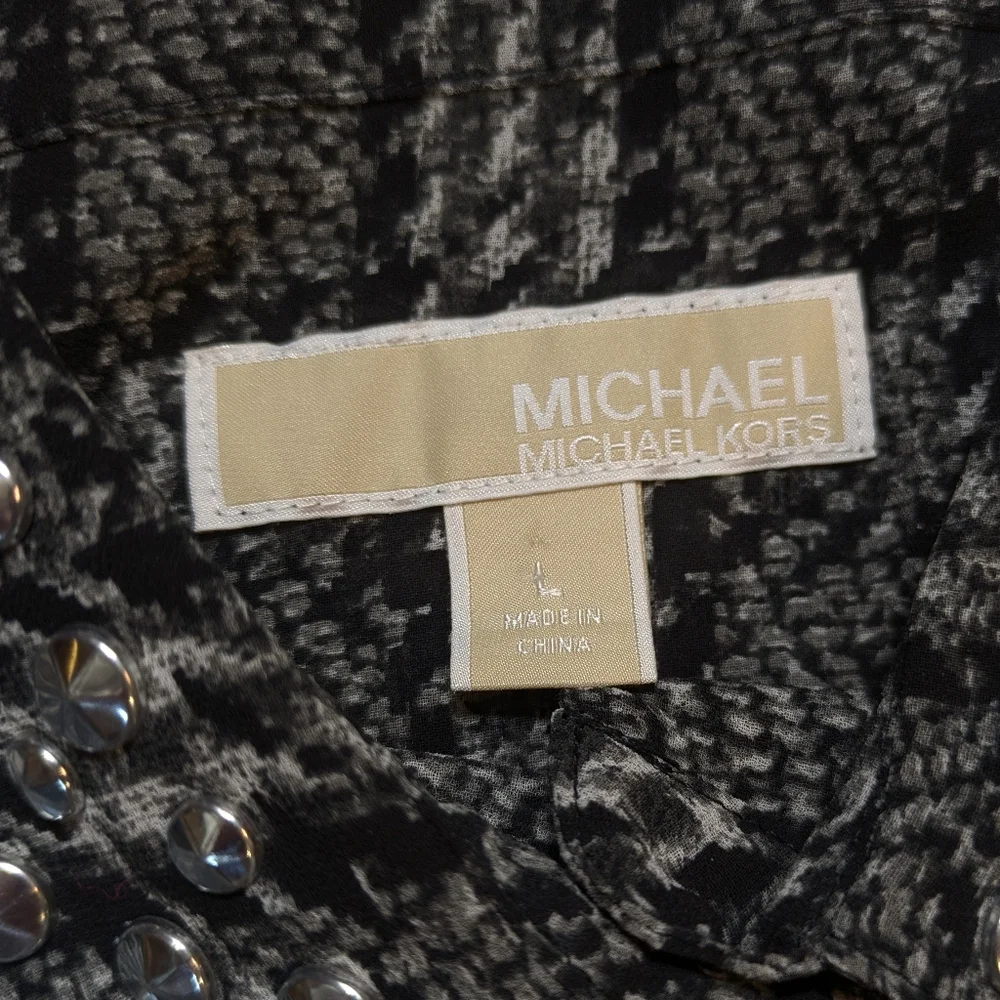 Michael Kors Semi-sheer Tab Long Sleeve‎ Studded Collar Button Down Top Career L